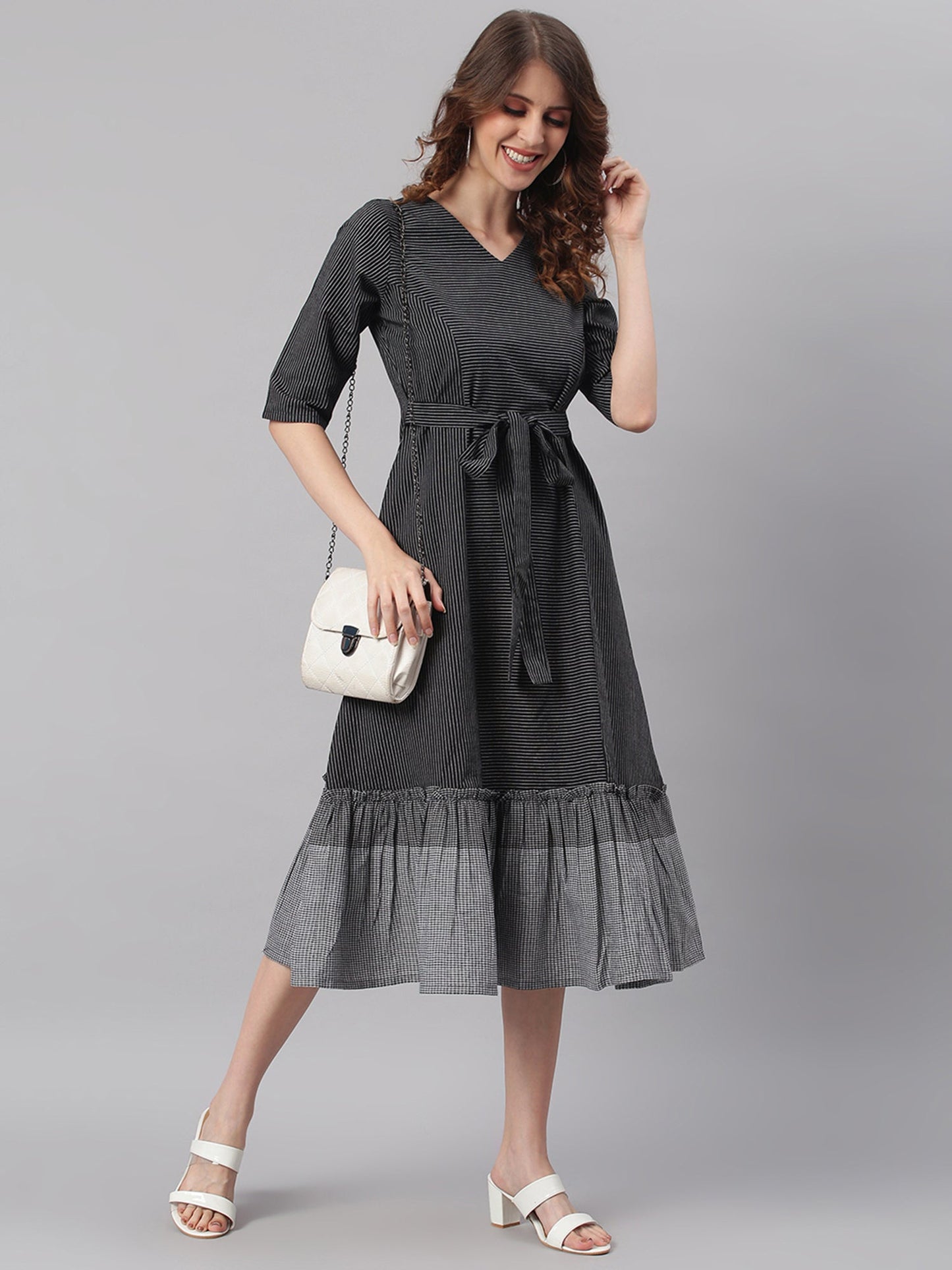 Janasya Black Cotton Striped Flared Casual Dress