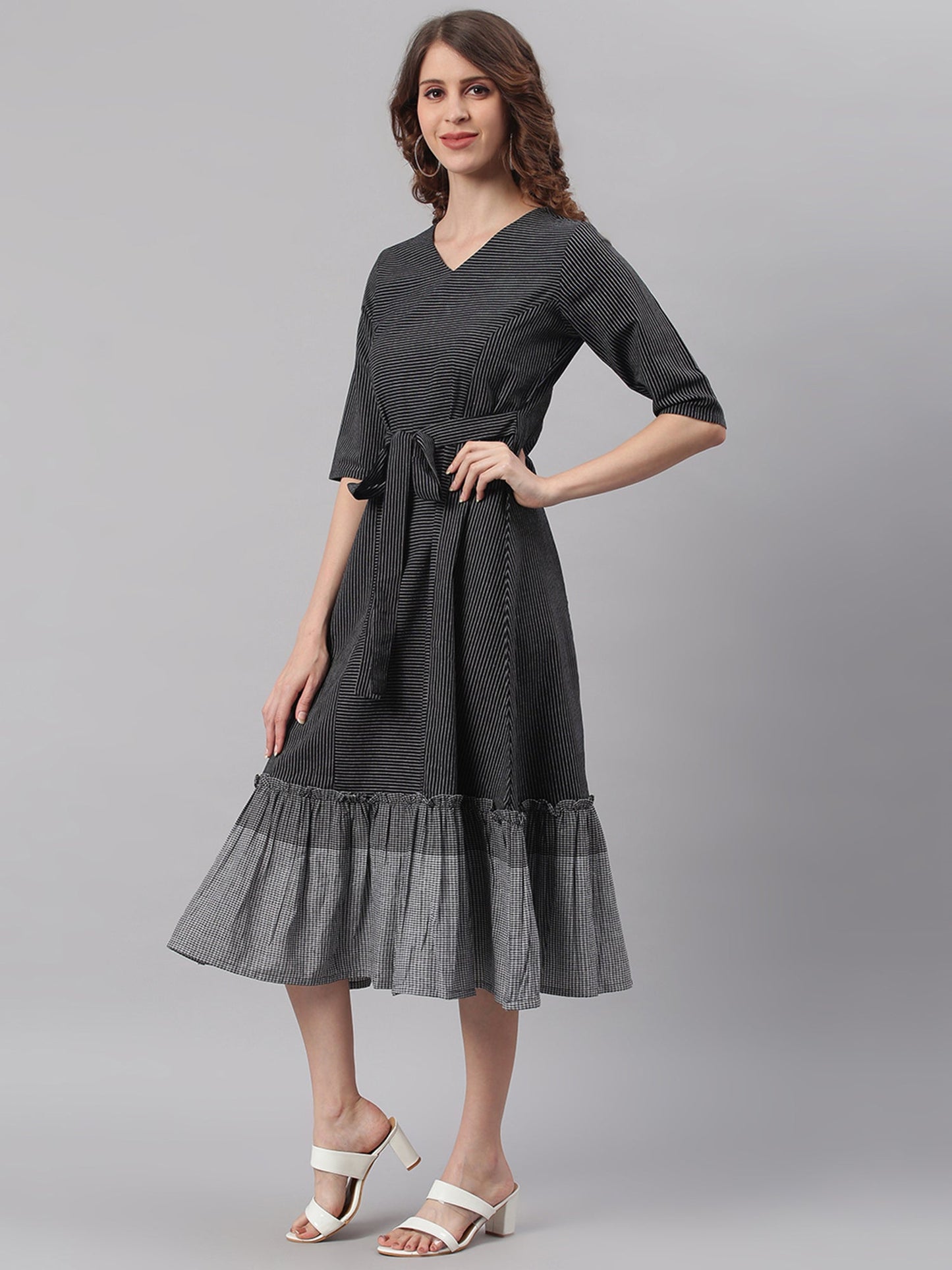 Janasya Black Cotton Striped Flared Casual Dress