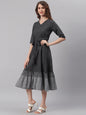 Janasya Black Cotton Striped Flared Casual Dress