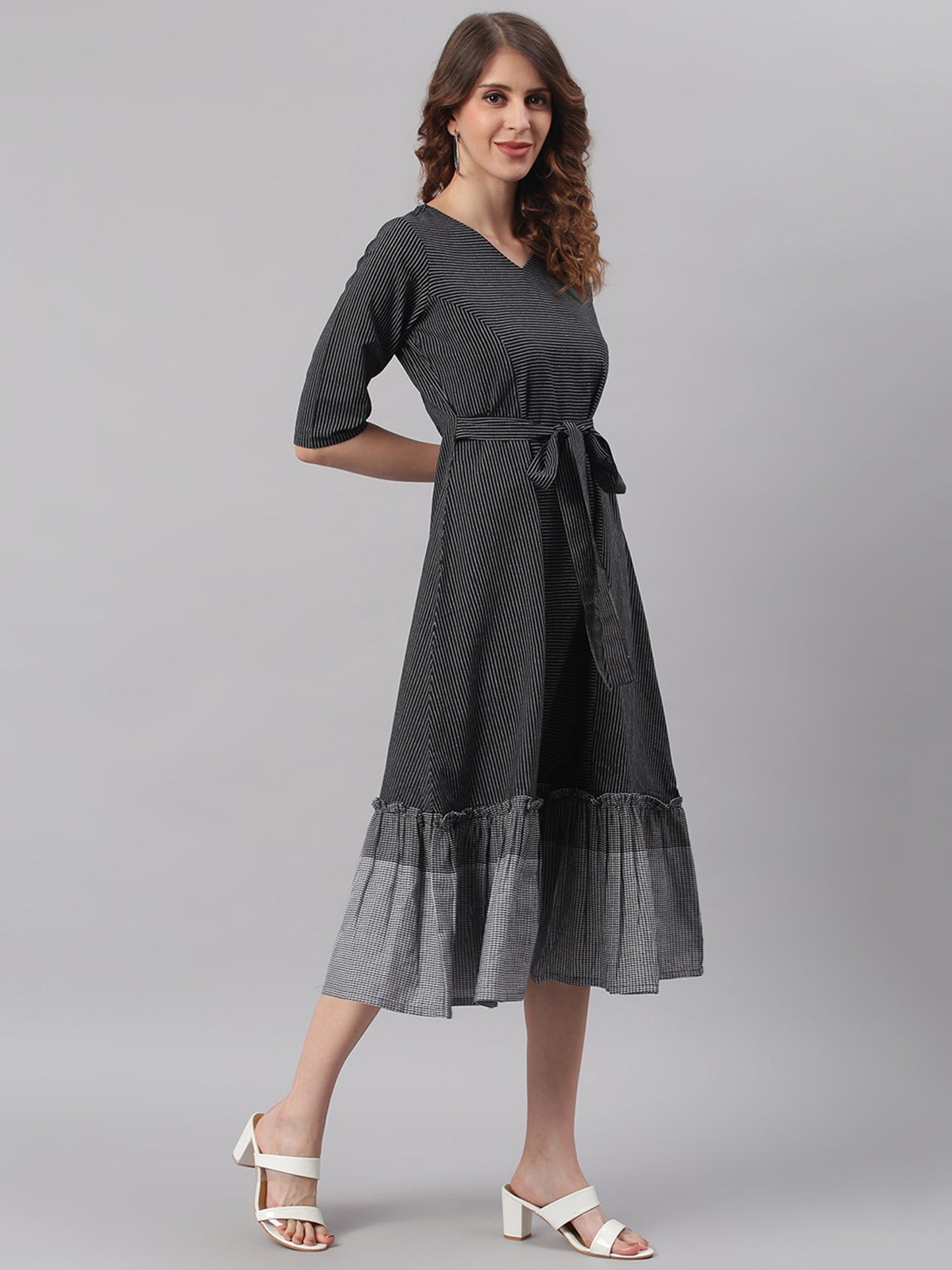 Janasya Black Cotton Striped Flared Casual Dress