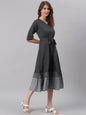 Janasya Black Cotton Striped Flared Casual Dress