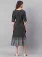 Janasya Black Cotton Striped Flared Casual Dress