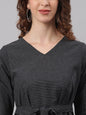 Janasya Black Cotton Striped Flared Casual Dress