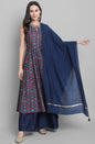 Janasya Women's Blue Poly Muslin Embroidered Kurta With Palazzo And Dupatta