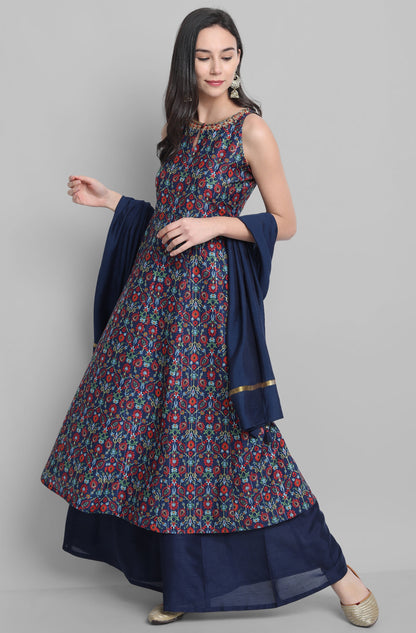 Janasya Women's Blue Poly Muslin Embroidered Kurta With Palazzo And Dupatta
