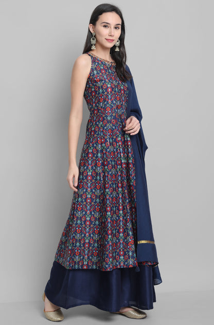 Janasya Women's Blue Poly Muslin Embroidered Kurta With Palazzo And Dupatta