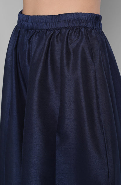 Janasya Women's Blue Poly Muslin Embroidered Kurta With Palazzo And Dupatta