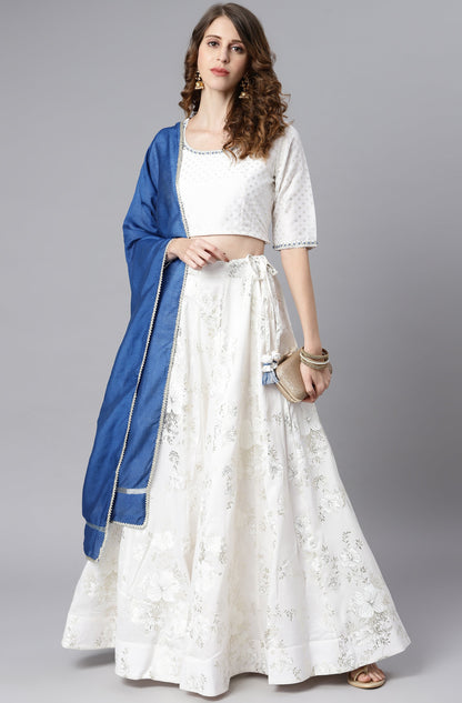 Janasya Women's White Poly Silk Floral Print Lehenga Choli With Dupatta