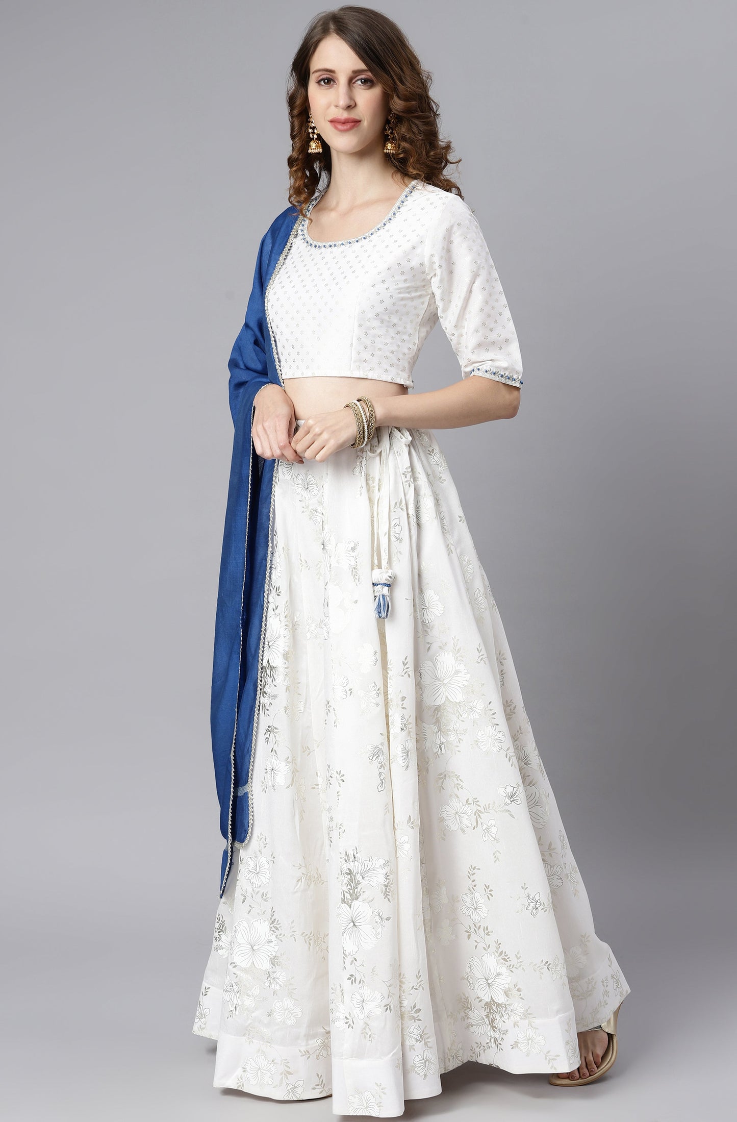 Janasya Women's White Poly Silk Floral Print Lehenga Choli With Dupatta