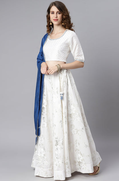 Janasya Women's White Poly Silk Floral Print Lehenga Choli With Dupatta