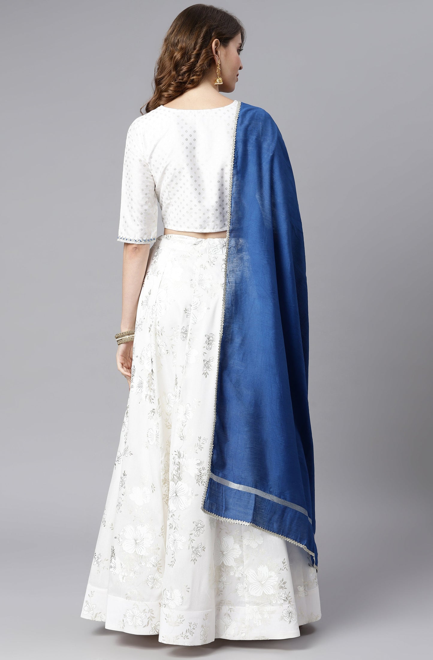 Janasya Women's White Poly Silk Floral Print Lehenga Choli With Dupatta
