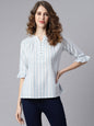 Janasya Women's White Cotton Slub Striped Straight Top