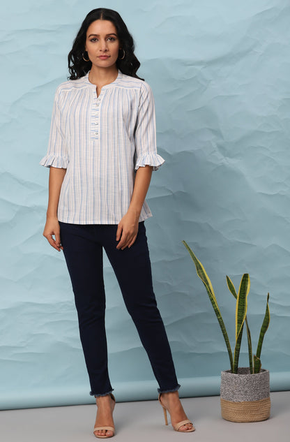 Janasya Women's White Cotton Slub Striped Straight Top