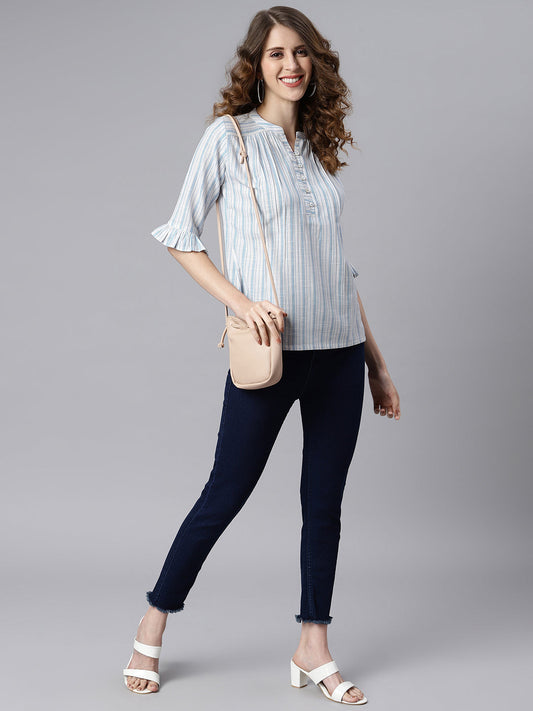 Janasya Women's White Cotton Slub Striped Straight Top