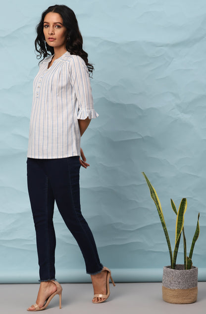 Janasya Women's White Cotton Slub Striped Straight Top