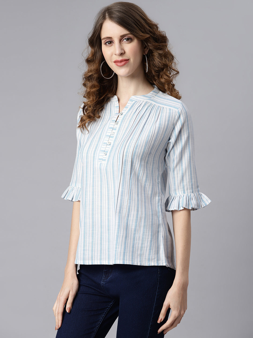 Janasya Women's White Cotton Slub Striped Straight Top