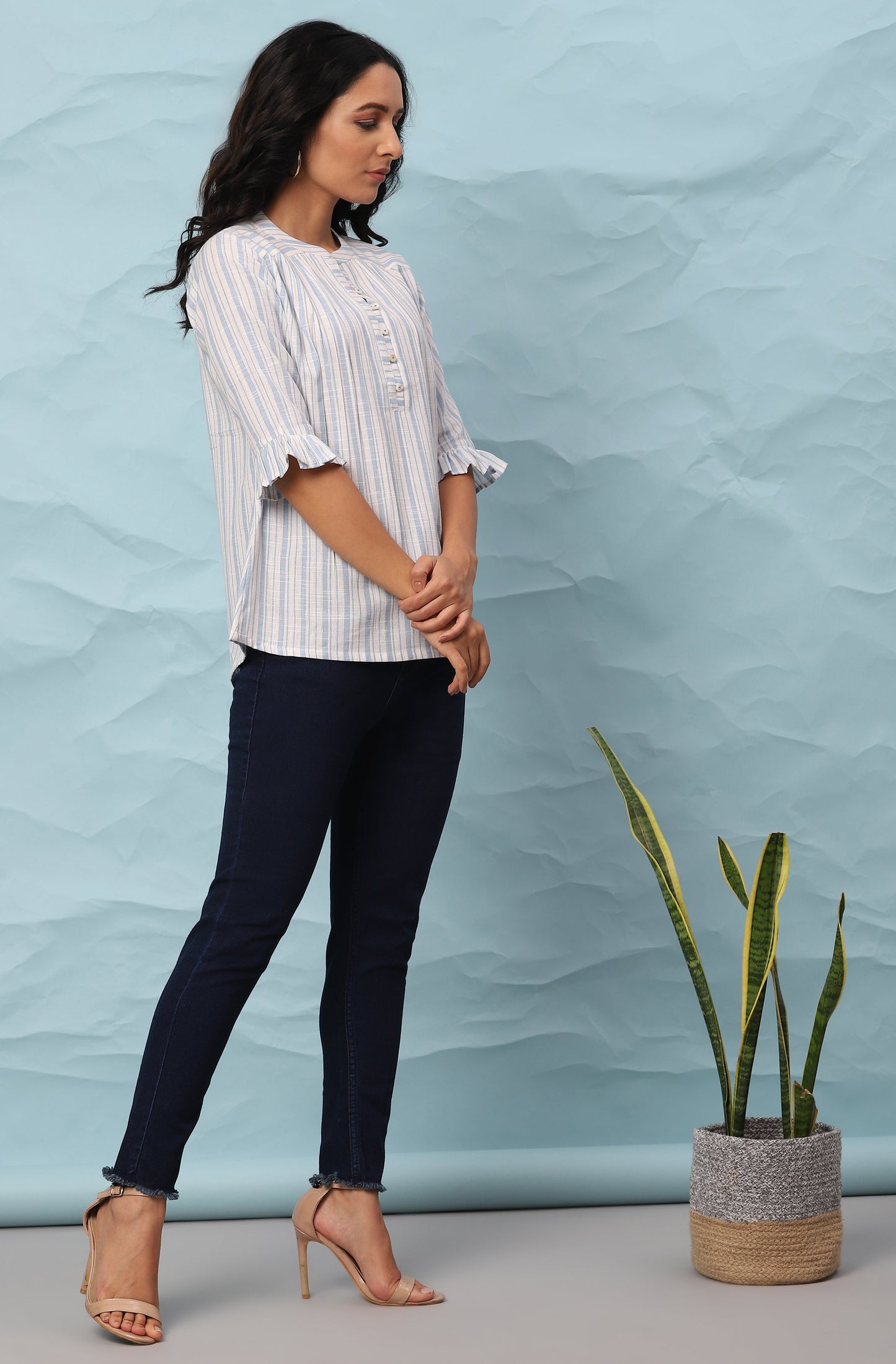 Janasya Women's White Cotton Slub Striped Straight Top