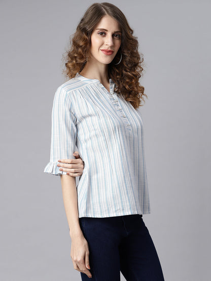 Janasya Women's White Cotton Slub Striped Straight Top
