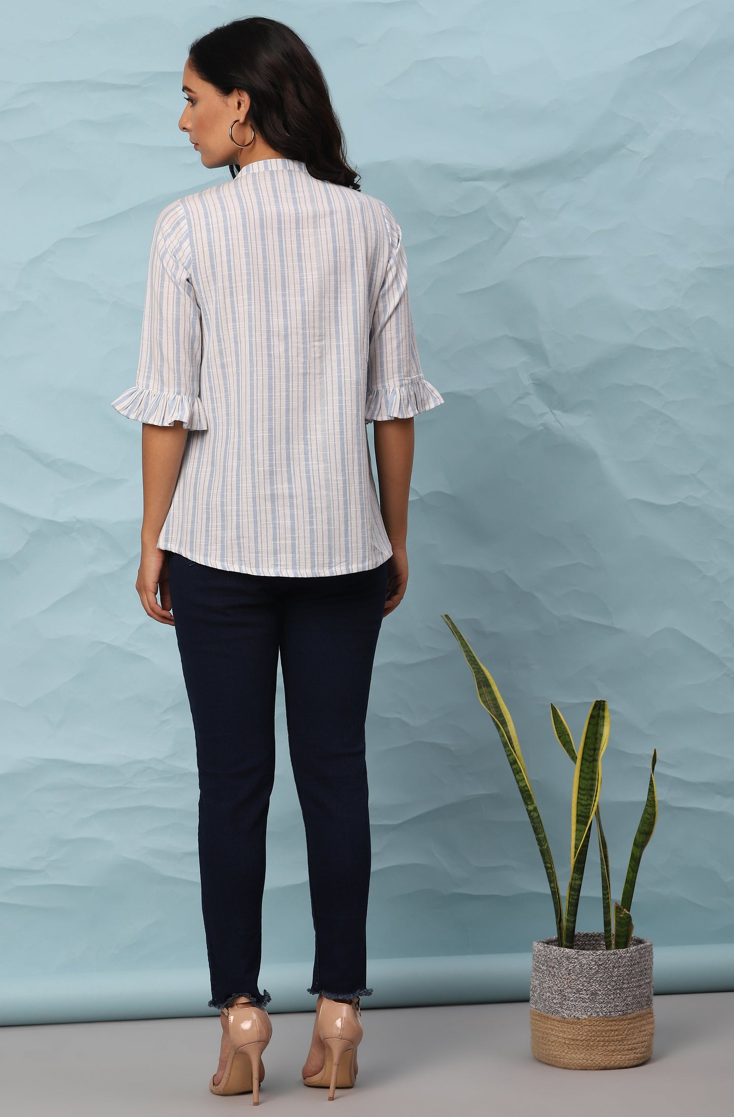 Janasya Women's White Cotton Slub Striped Straight Top