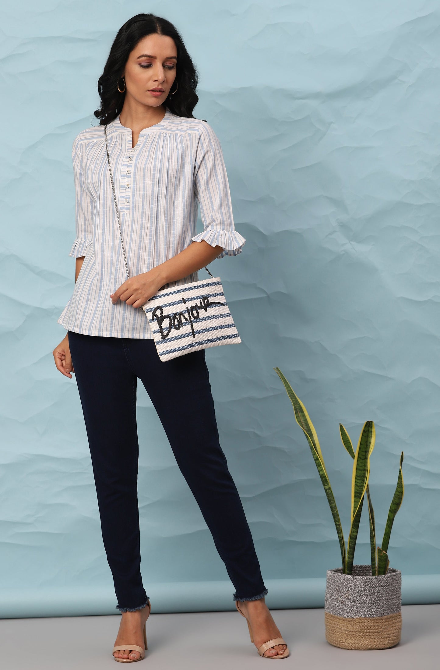 Janasya Women's White Cotton Slub Striped Straight Top