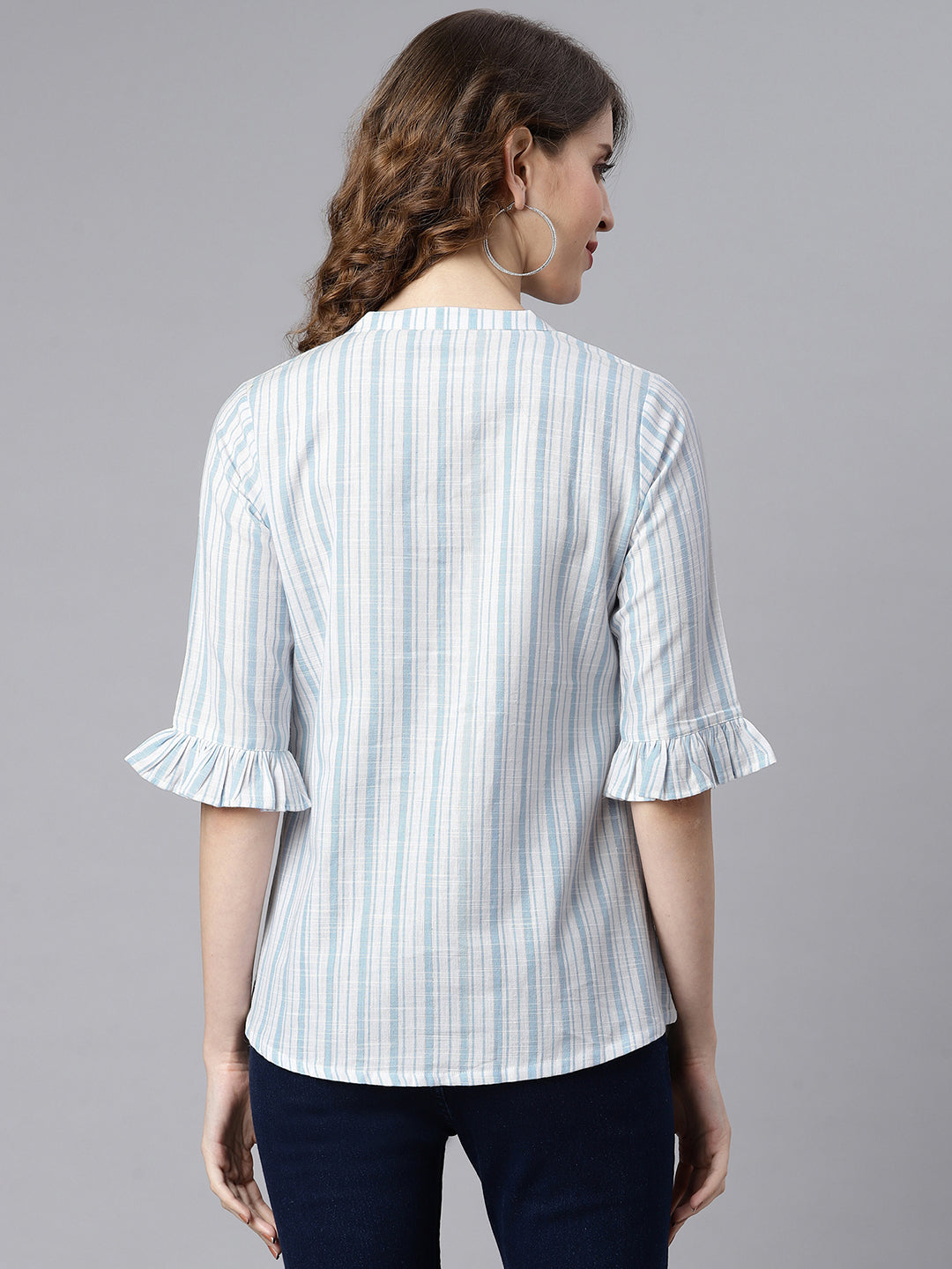 Janasya Women's White Cotton Slub Striped Straight Top