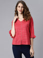 Janasya Women's Red Cotton Checkered Regular Top