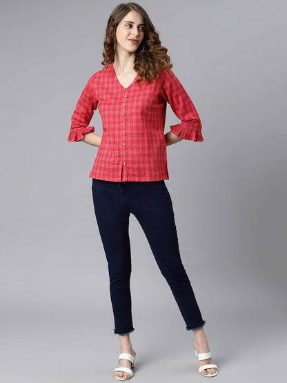 Janasya Women's Red Cotton Checkered Regular Top