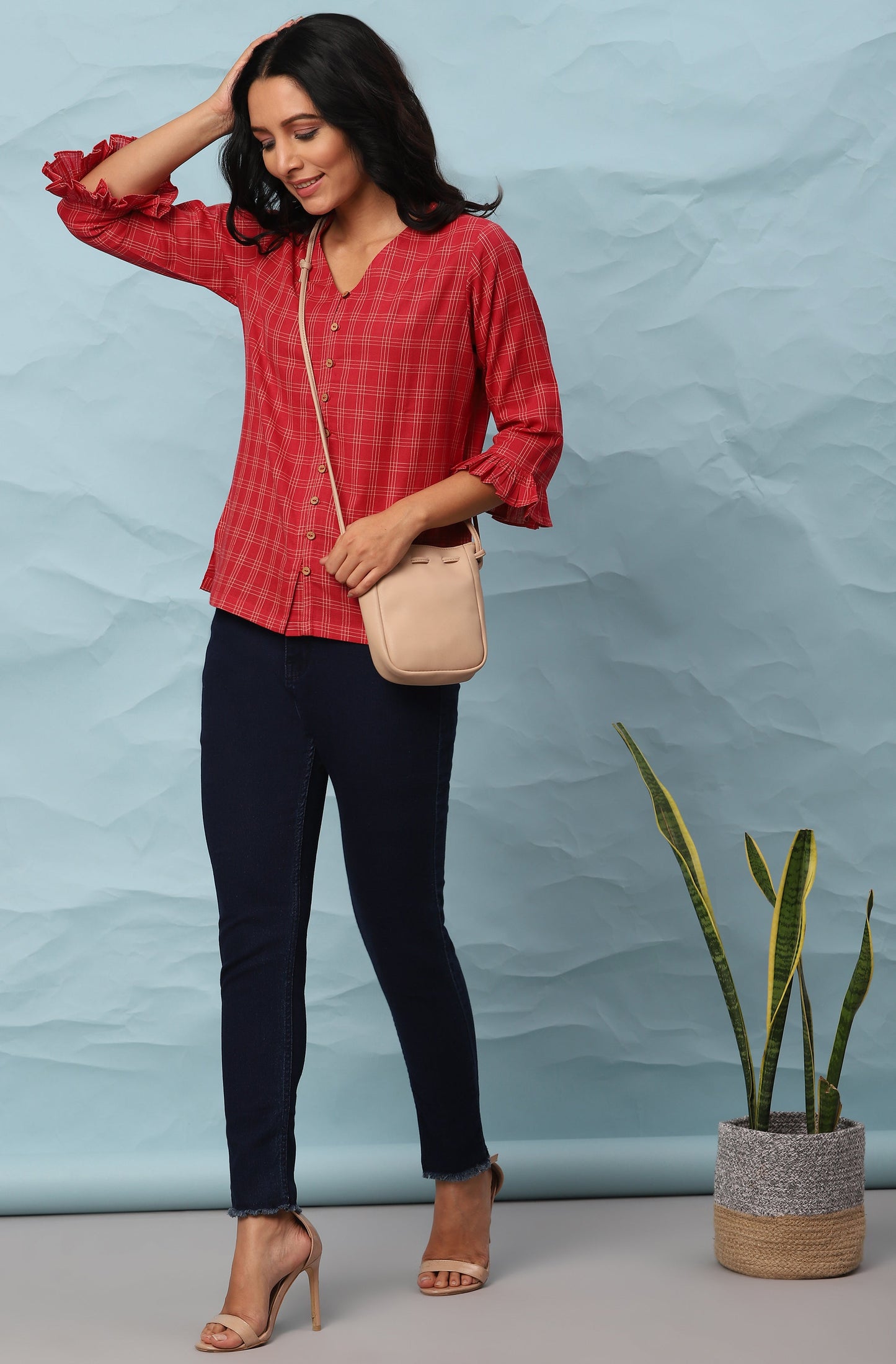 Janasya Women's Red Cotton Checkered Regular Top