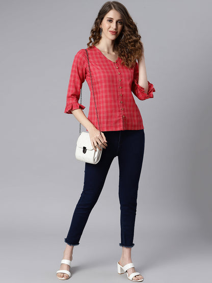 Janasya Women's Red Cotton Checkered Regular Top