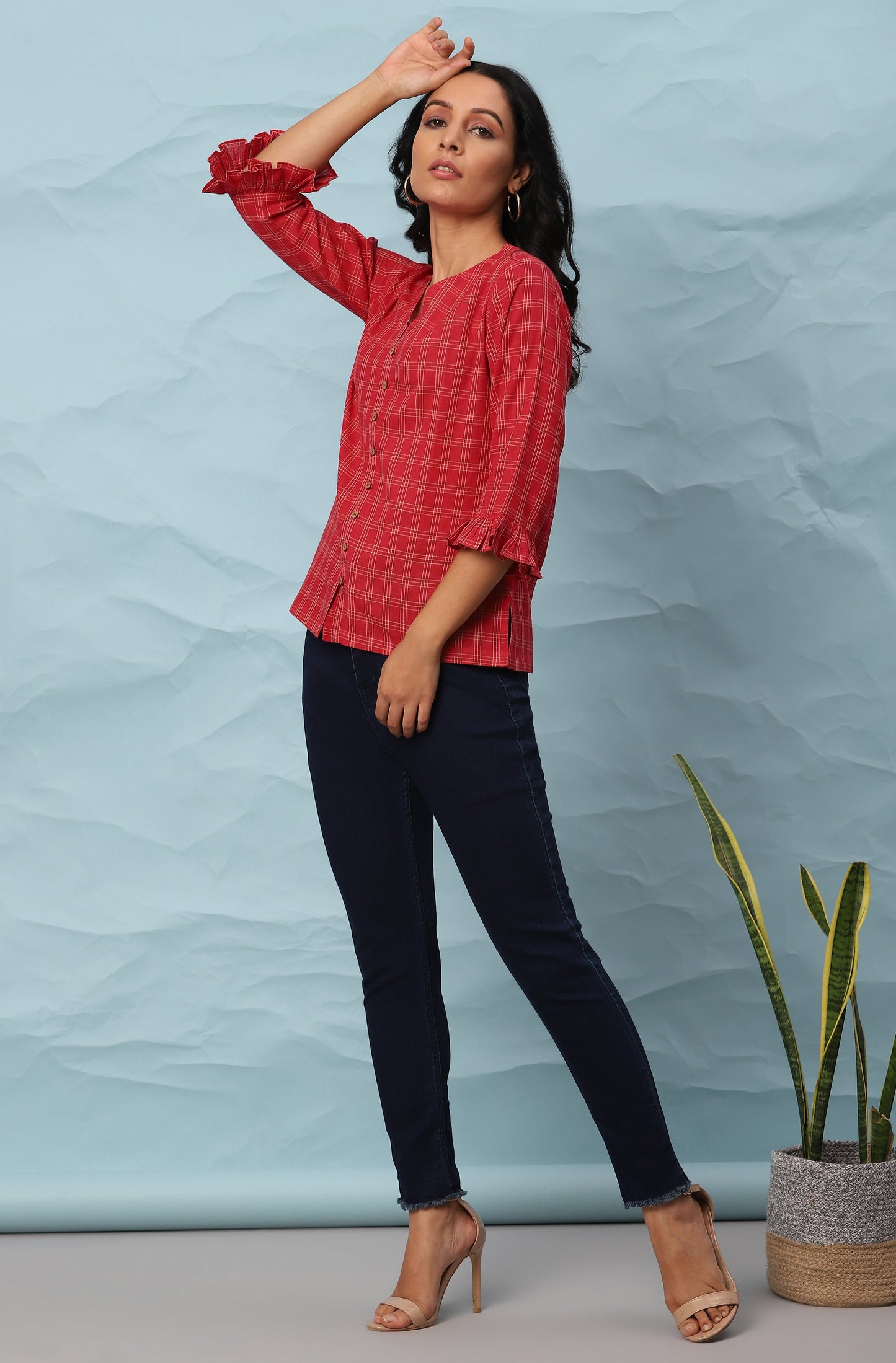 Janasya Women's Red Cotton Checkered Regular Top