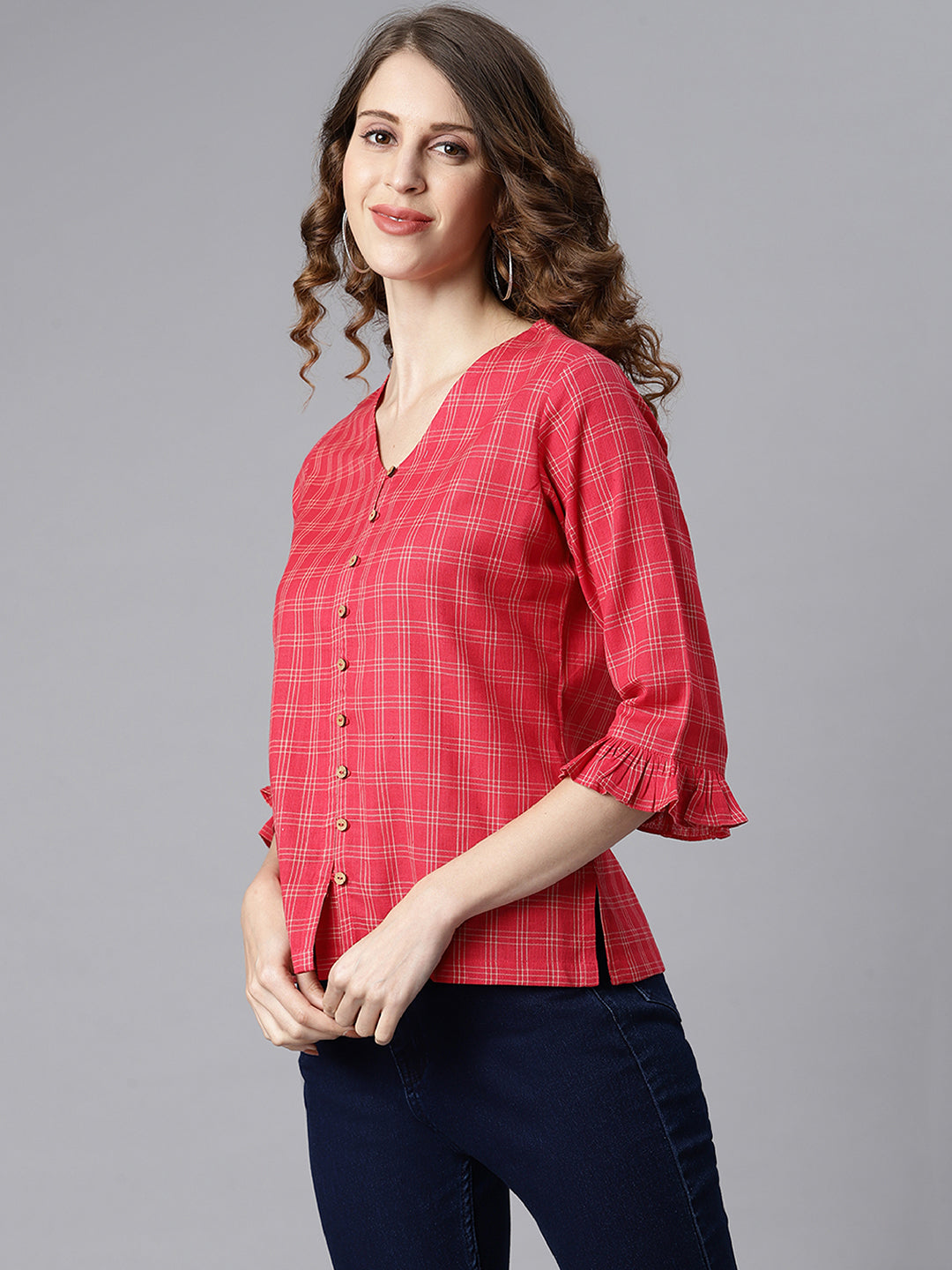 Janasya Women's Red Cotton Checkered Regular Top