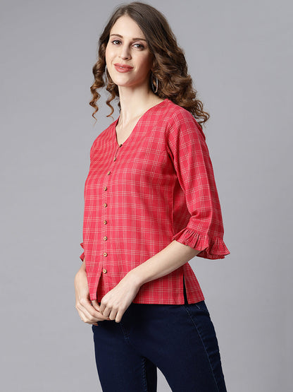 Janasya Women's Red Cotton Checkered Regular Top