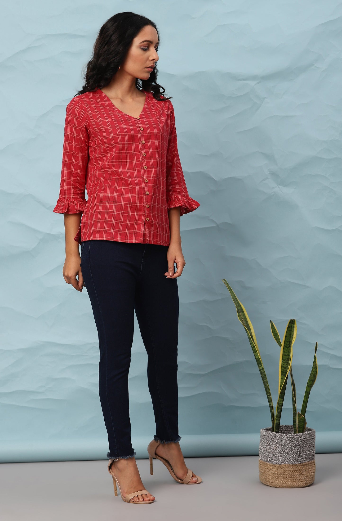 Janasya Women's Red Cotton Checkered Regular Top
