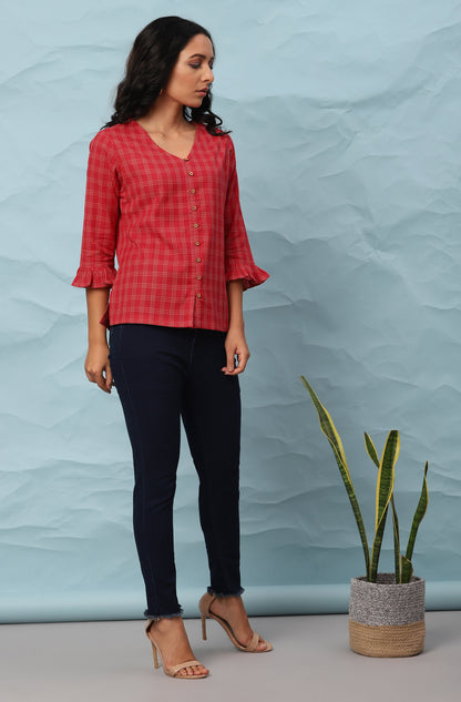Janasya Women's Red Cotton Checkered Regular Top