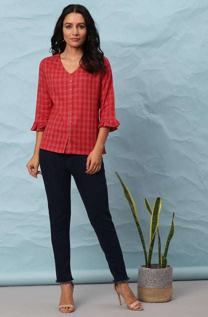 Janasya Women's Red Cotton Checkered Regular Top