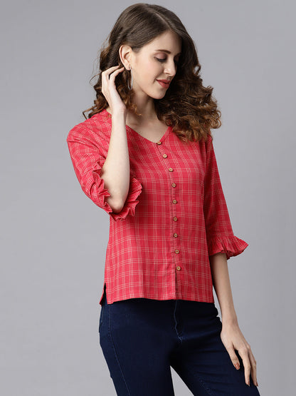 Janasya Women's Red Cotton Checkered Regular Top