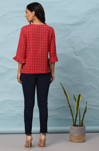 Janasya Women's Red Cotton Checkered Regular Top