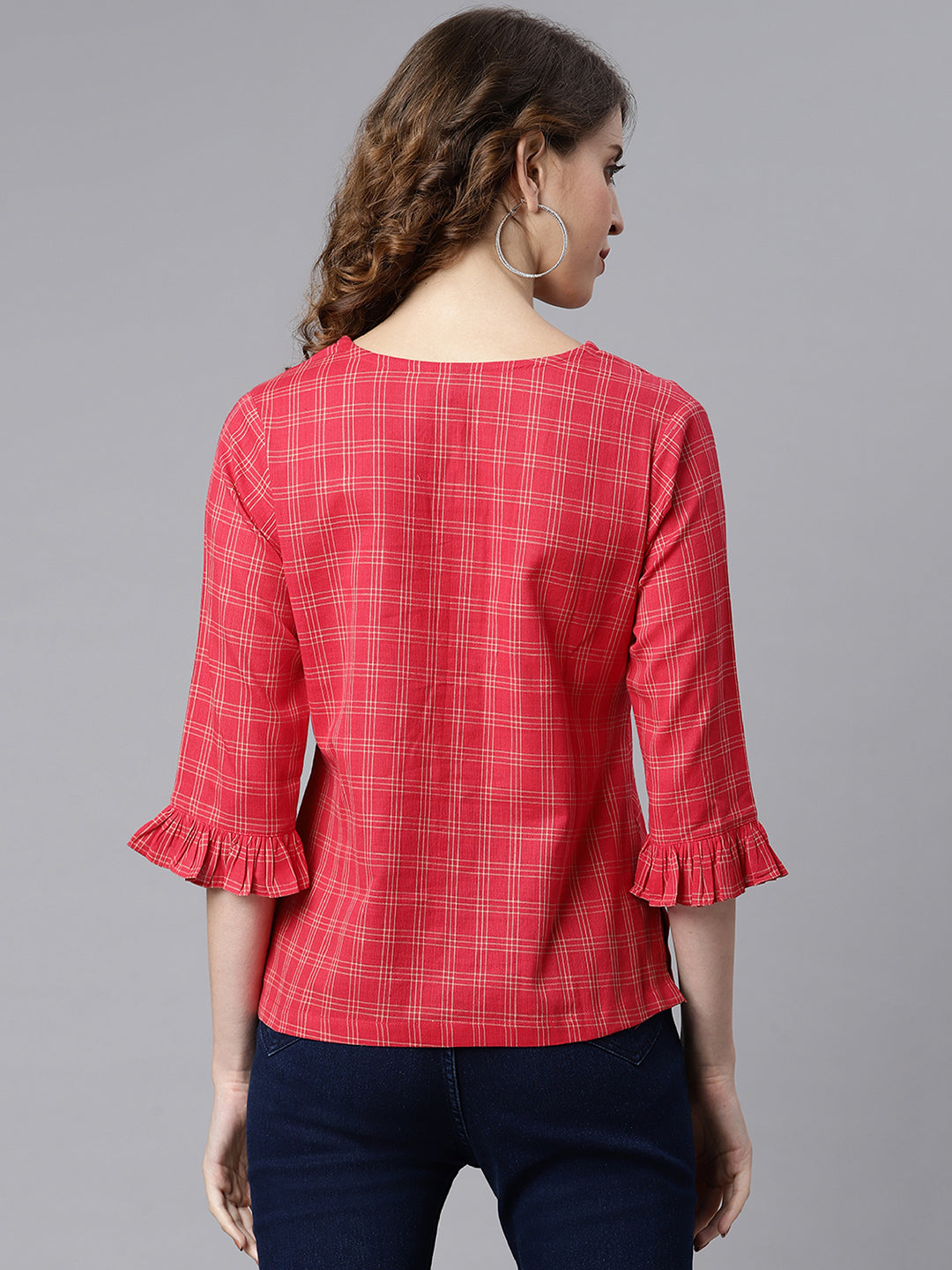 Janasya Women's Red Cotton Checkered Regular Top