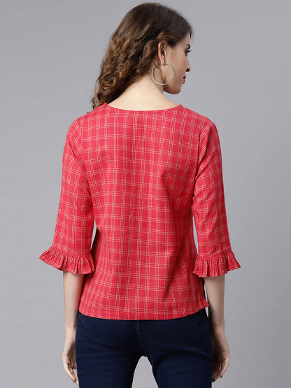 Janasya Women's Red Cotton Checkered Regular Top