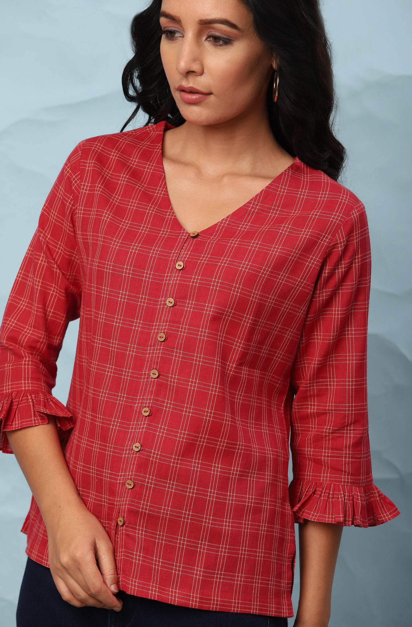 Janasya Women's Red Cotton Checkered Regular Top