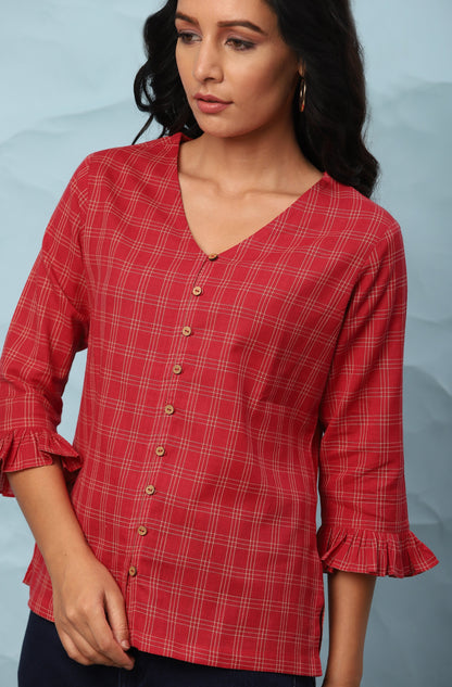 Janasya Women's Red Cotton Checkered Regular Top