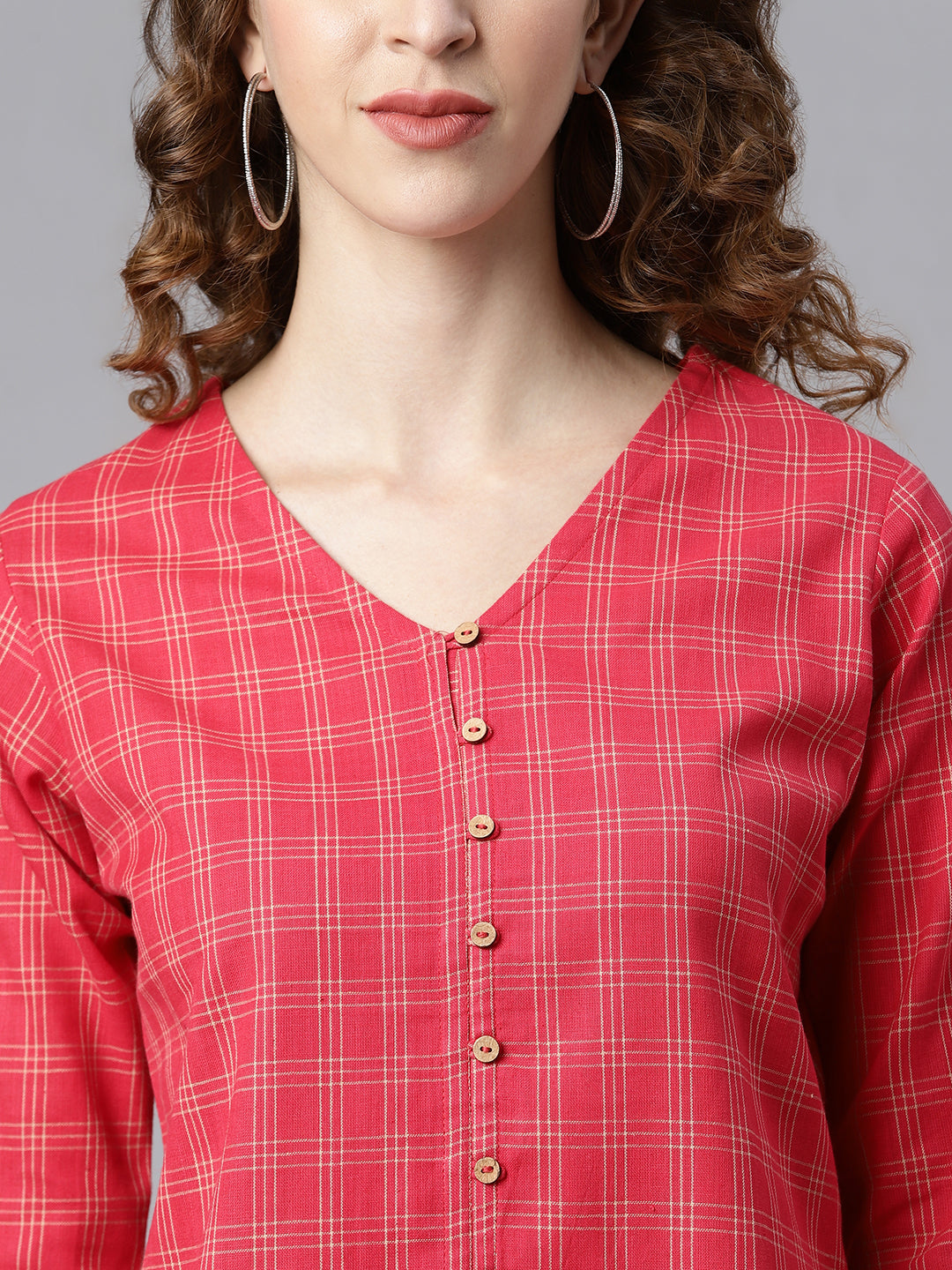 Janasya Women's Red Cotton Checkered Regular Top