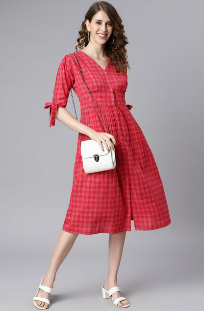 Janasya Women's Red Cotton Checkered Flared Western Dress