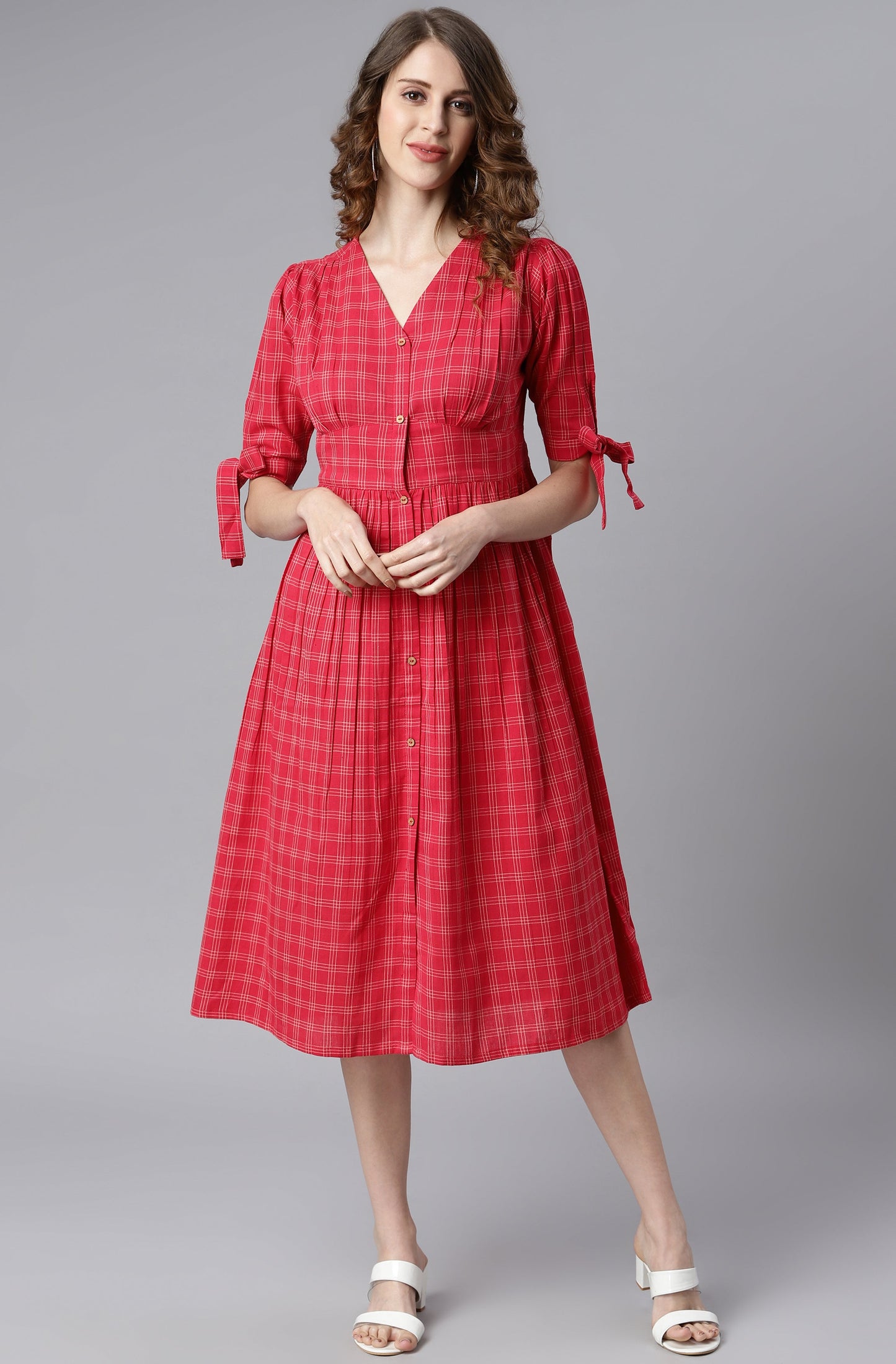 Janasya Women's Red Cotton Checkered Flared Western Dress