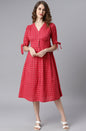 Janasya Women's Red Cotton Checkered Flared Western Dress