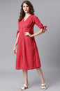 Janasya Women's Red Cotton Checkered Flared Western Dress