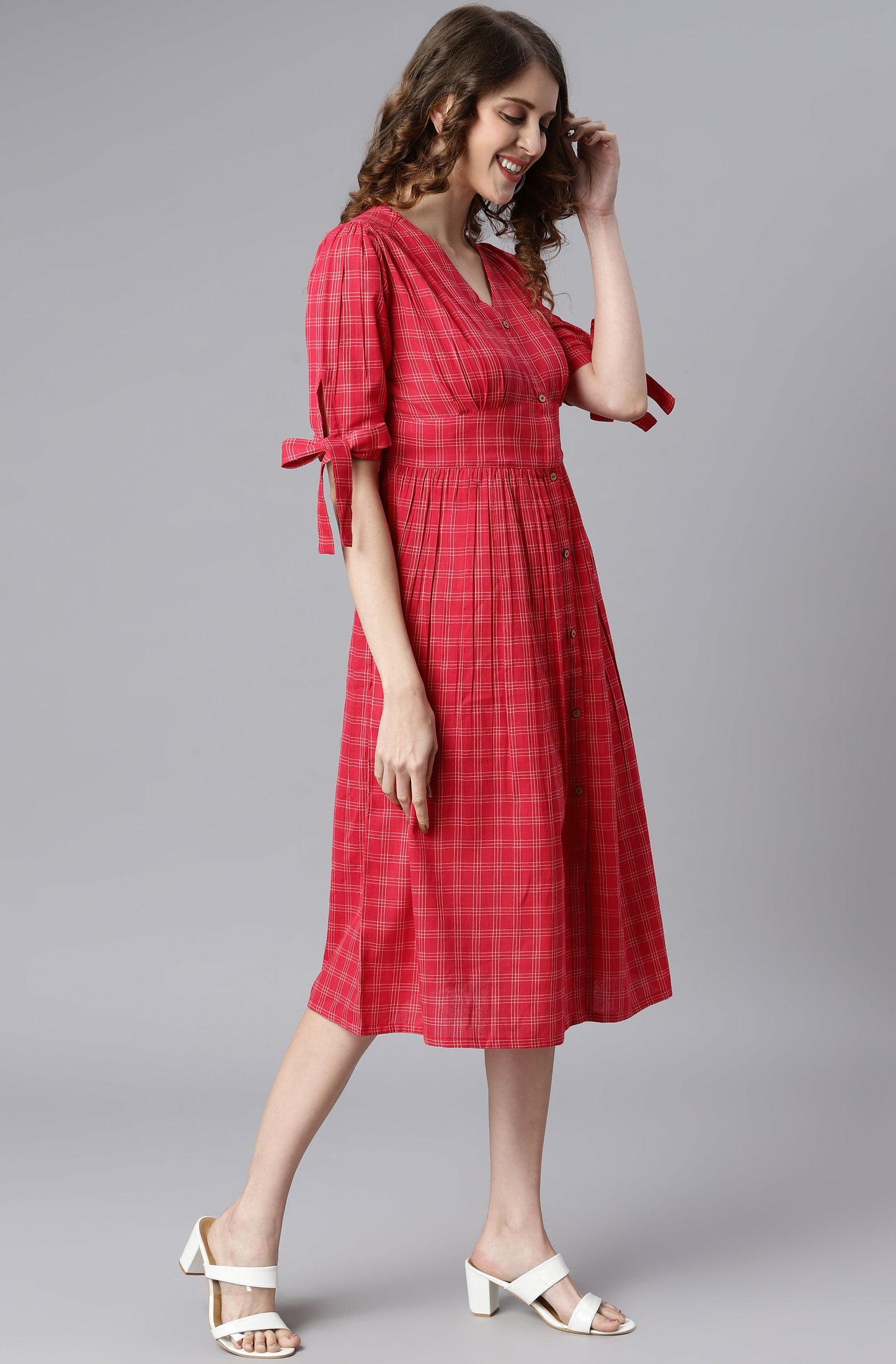 Janasya Women's Red Cotton Checkered Flared Western Dress