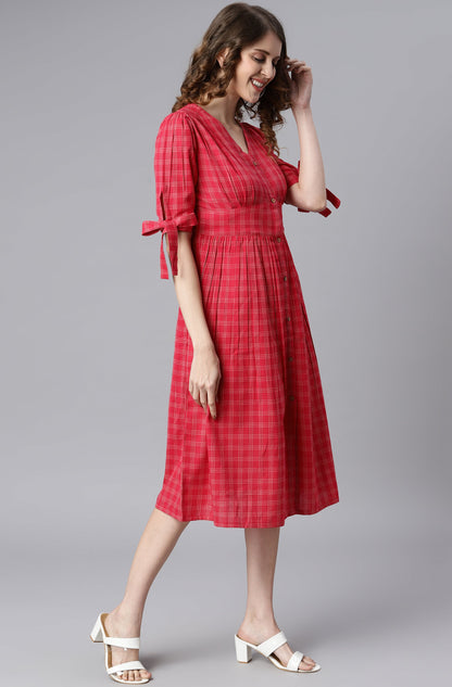 Janasya Women's Red Cotton Checkered Flared Western Dress