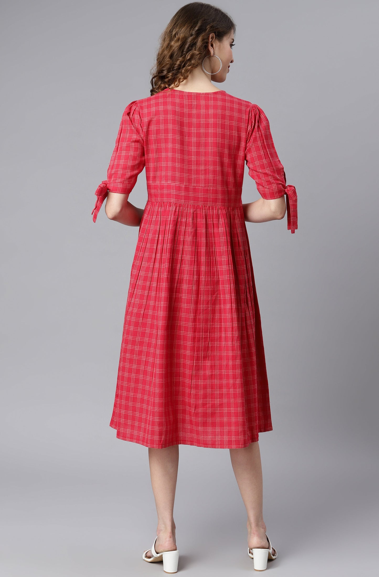 Janasya Women's Red Cotton Checkered Flared Western Dress