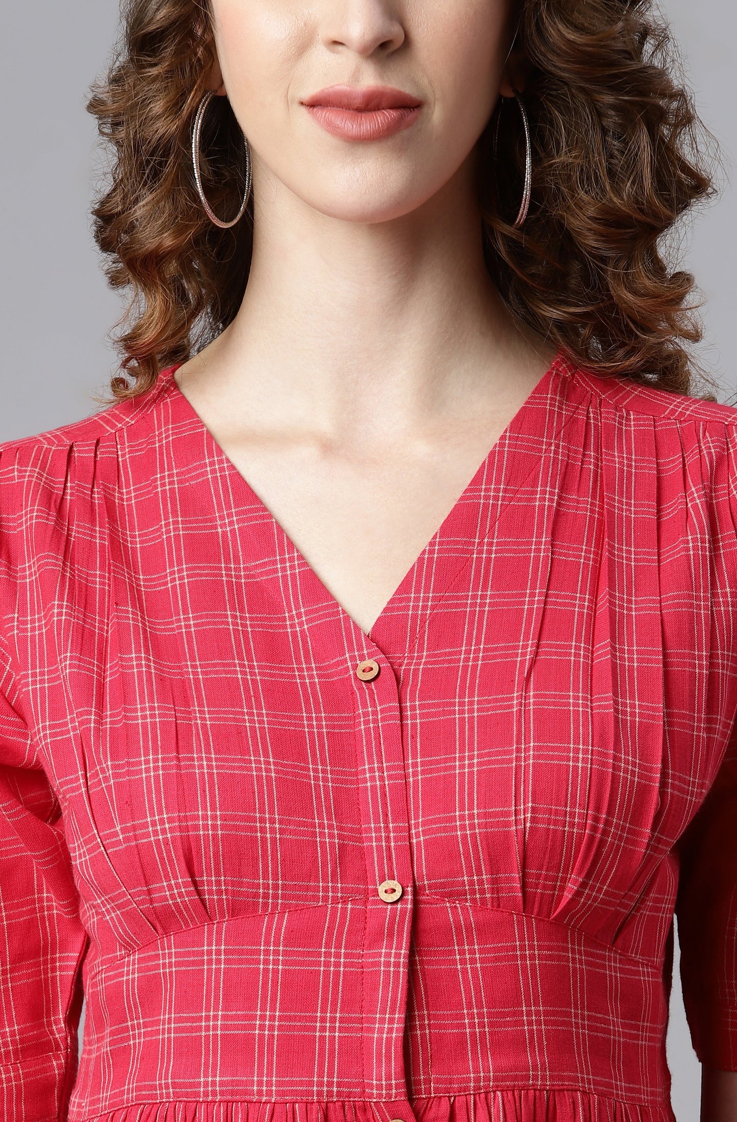 Janasya Women's Red Cotton Checkered Flared Western Dress